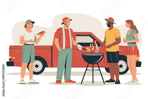 Group of friends having a barbecue party outdoors with a red pickup truck, people grilling meat and enjoying summer picnic together