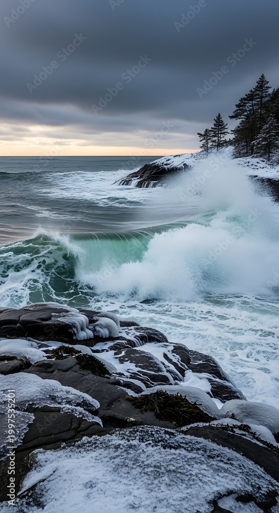 Obraz premium Crashing ocean waves meet icy, rocky shore under dramatic, cloudy sky