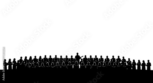 Large Choir Ensemble Silhouette with Conductor Singing on White Background