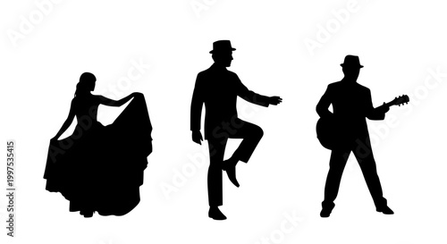 Silhouettes of flamenco dancer male performer and guitarist isolated on white background