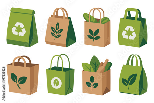 Set of ecofriendly shopping bags, reusable paper and fabric bags with recycling symbols and leaf icons