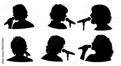 Silhouettes of Male and Female Singers with Microphones Set