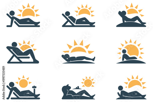 Set of icons of people sunbathing and relaxing on beach chairs and on the sand under the sun