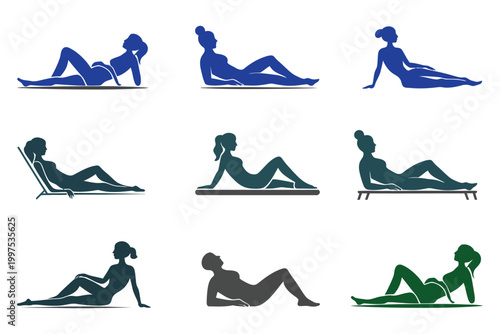 Set of silhouettes of women sunbathing on a beach, lying on a sunbed or towel, relaxing in different poses