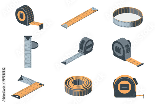 Set of various measuring tapes, tailor tapes and construction tape measures