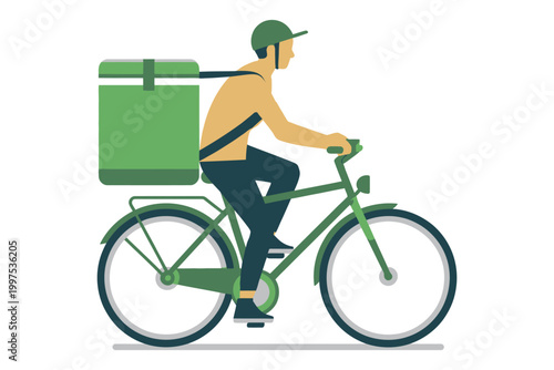 Delivery man riding a bicycle with a large green backpack for food delivery