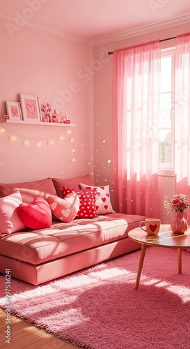 Cozy, pink living room with heart pillows and warm light