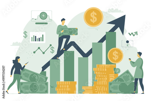 Financial growth and investment concept with people analyzing stock market data, rising bar charts, and growing capital with coins and banknotes