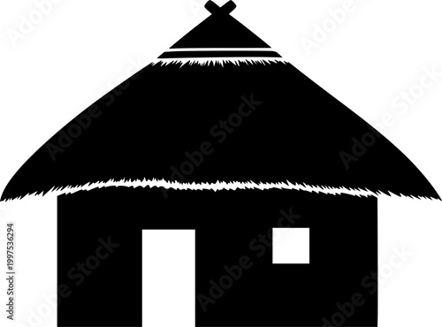 Minimalist black silhouette of a traditional thatched roof hut with a door and window isolated on white background
