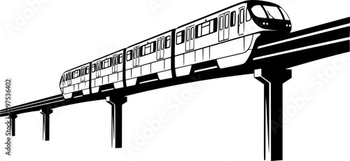 Monorail train on elevated track silhouette isolated on white background
