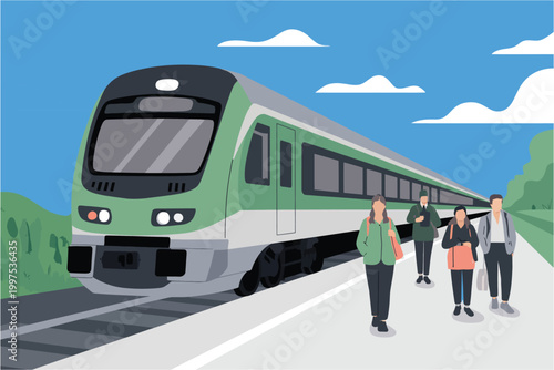 Illustration of a modern green commuter train arriving at a station platform with passengers waiting to board on a sunny day