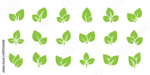 Green leaf ecology icon set vector, environment nature symbols isolated on white background.