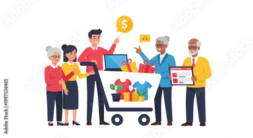 Multi-generational Shoppers Embrace E-commerce: Diverse Group with Online Shopping Cart and Digital Products