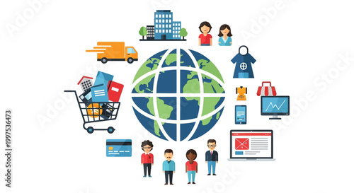 Global E-commerce Concept: Online Shopping, Worldwide Business, Digital Transactions, Logistics & Customer Experience