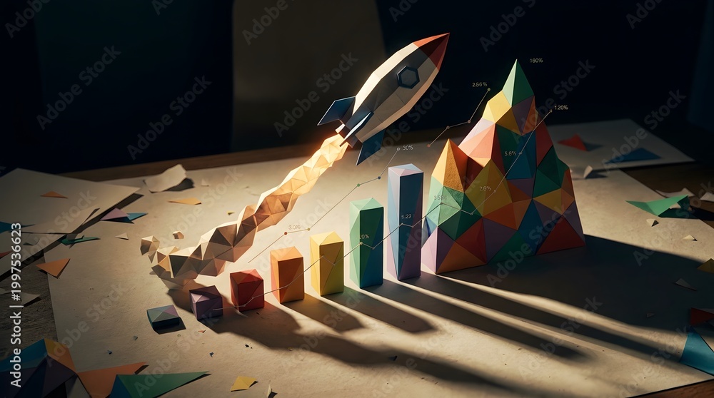 Obraz premium Origami rocket launching upwards graph showing business growth and success.