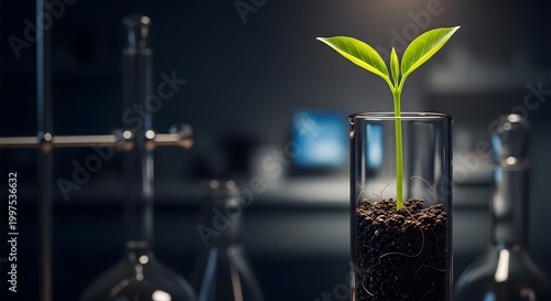 Young plant sprouting in lab beaker, science experiment, dark background
