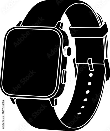 Black smartwatch silhouette with white outline isolated on white background
