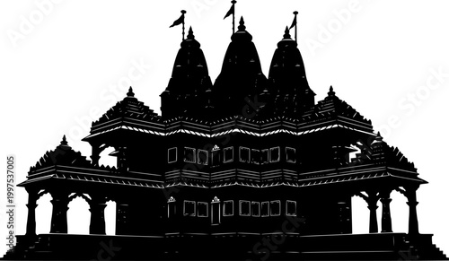 Ornate Indian temple building silhouette in black and white isolated on white background
