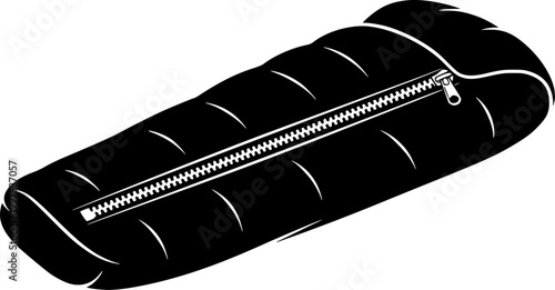 Black sleeping bag silhouette with zipper isolated on white background
