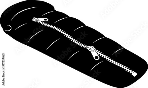 Black sleeping bag silhouette with zipper isolated on white background
