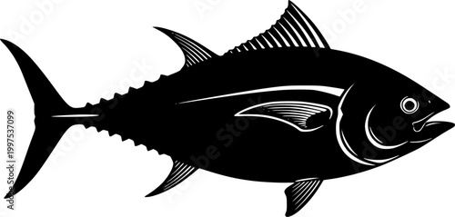 Black silhouette of a fish with white outline details isolated on white background
