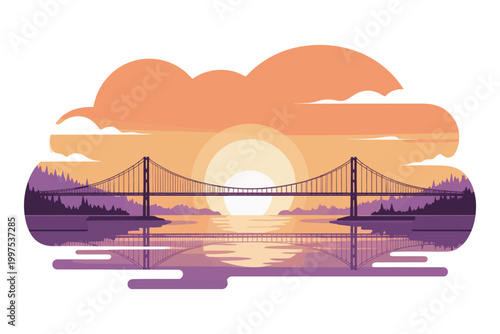 Vector illustration of a suspension bridge over a calm river at sunset with a purple forest silhouette and soft orange sky background