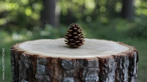 Pine cone resting on a round wooden stump in nature