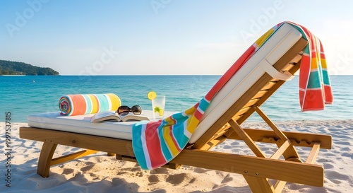 Relaxing Beach Chair with Colorful Towel and Ocean View