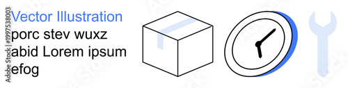 Packaging, time management, tools, workflow, process, precision. Minimalistic box, clock and wrench icons. Packaging and time management concepts in symbolic art