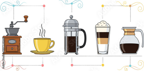 Coffee Brewing Methods and Preparation Icon Set Featuring Grinder French Press Latte Cup and Carafe for Cafe Menus Coffee Shop Branding and Barista Training Graphic Designs