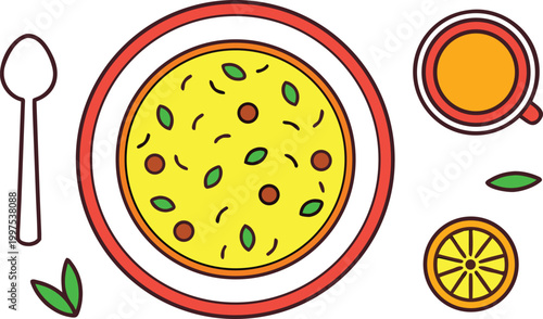 Realistic Poha Bowl Indian Breakfast Scene. Poha Traditional Indian Breakfast Food Bowl. Indian Poha Flaked Rice Breakfast Bowl Concept. Realistic Poha Vegetable Breakfast Serving Bowl. Poha Light