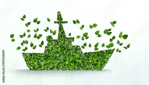 Green ship made of leaves symbolizing eco-friendly transportation and nature.