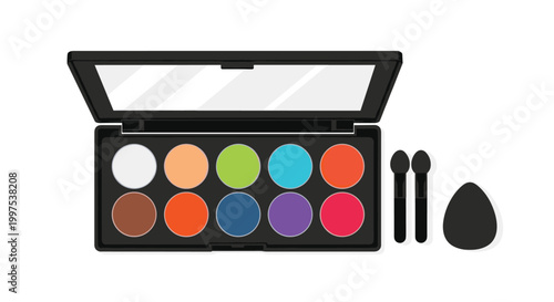 Eye makeup cosmetic palette featuring ten vibrant colors with double-ended applicators and a soft blending sponge tool.