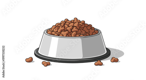 Metal pet food bowl overflowing with dry brown kibble snacks for a healthy and balanced animal diet and growth.