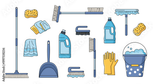 Set of diverse domestic cleaning supplies including brooms, brushes, detergents, and a bucket for home maintenance.