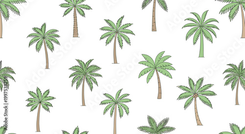 Tropical seamless pattern featuring various illustrated green palm trees on a white background for fabric design.