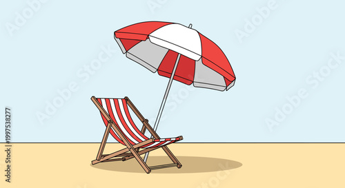 Iconic summer scene with a red and white striped beach chair under a matching umbrella on a sandy shore for rest.