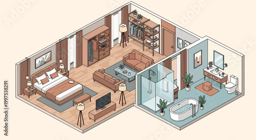 Detailed isometric 3d floor plan of a modern two bedroom apartment with fully furnished living spaces and rooms.