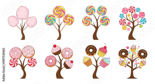 Creative set of trees made of sweet treats including donuts cupcakes lollipops and cotton candy in a fun dessert theme.