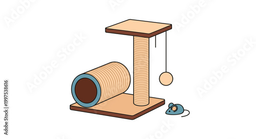 Pet supplies for cats including a scratching post tower with a tunnel hanging toy ball and a small blue clockwork mouse.