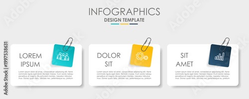 Business infographics template with three paper notes, paperclips, and icons for workflow, strategy, and data presentation. Vector illustration.