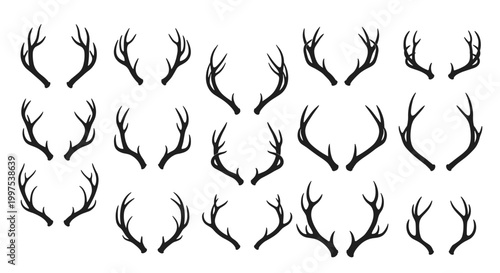 Various silhouettes of deer and moose antlers in different shapes and sizes for nature and hunting related designs.