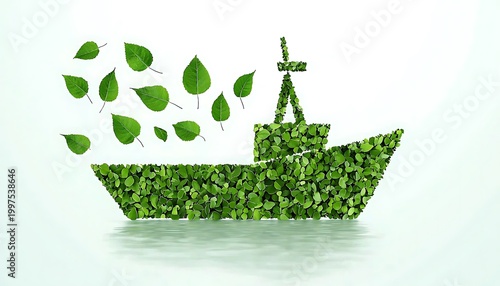 Green ship made of leaves symbolizing eco-friendly transportation and nature.