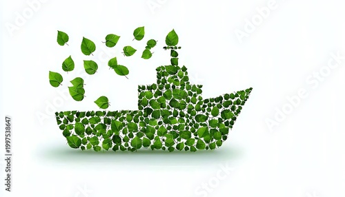 Green ship made of leaves symbolizing eco-friendly transportation and nature.