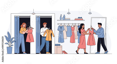 Group of people shopping for clothes and trying on dresses in a modern store with blue fitting rooms and mirrors.