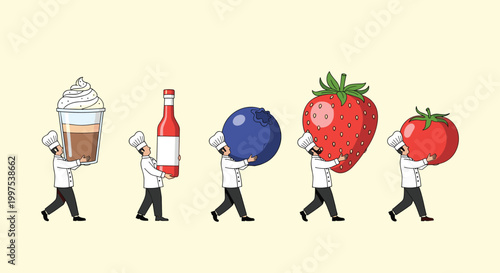 Whimsical line of five chefs carrying giant food items like a cup of coffee ketchup a blueberry a strawberry and a tomato.