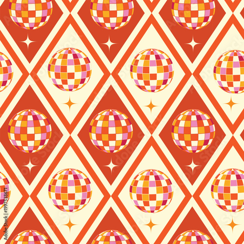 Colorful groovy disco balls seamless pattern on red and cream diamond shapes. For retro party invitations, groovy backgrounds and envelope liners