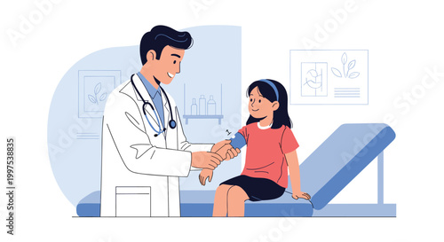 Friendly male doctor in a white coat checking a young girl's blood pressure during a routine medical checkup in a clinic.