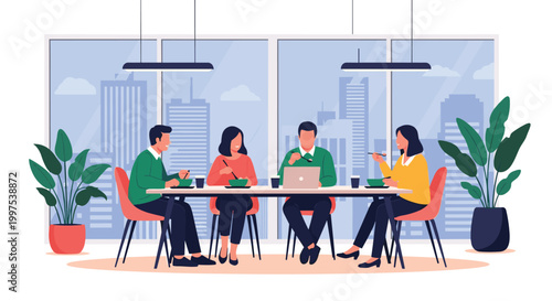 Colleagues sharing a meal and conversation around a long table in a modern office with large windows overlooking a city.