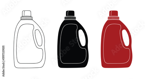 Three styles of laundry detergent bottles in outline silhouette and colored versions for packaging and cleaning service designs.